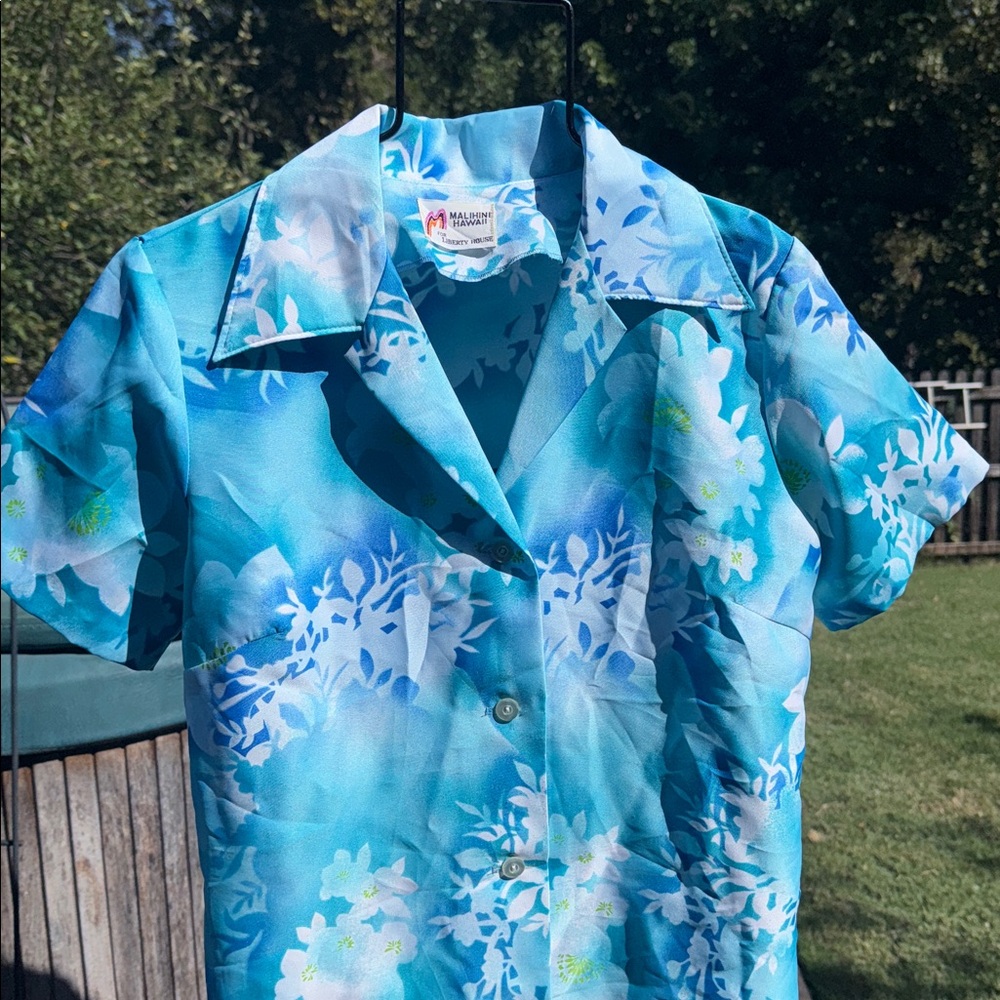 Vintage 70s Polyester Hawaiian Light Blue Floral Shirt US Made Malahina Hawaii